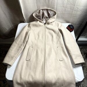 Vince Camuto Women’s Medium Hooded Wool Blend Coat Beige Long Zip Jacket